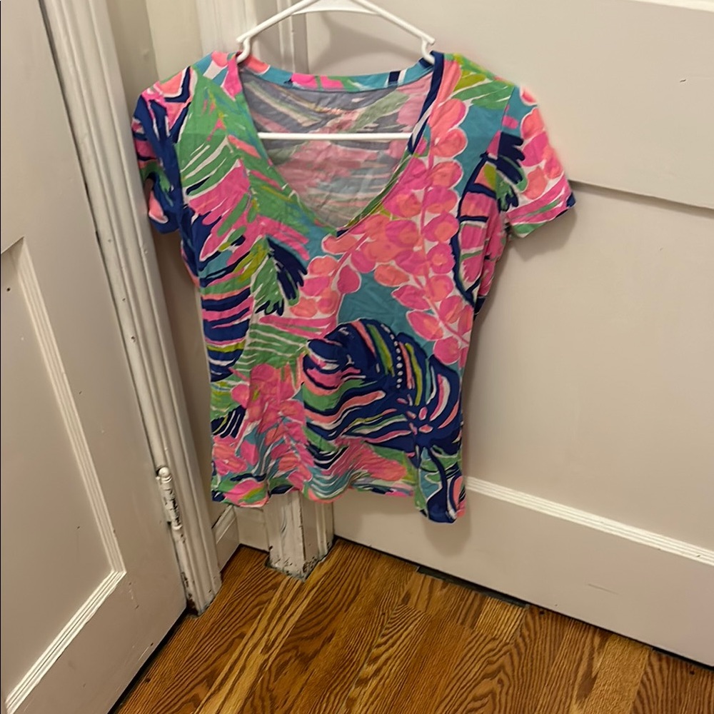 Lilly Pulitzer Pink and Blue Tropical V-Neck Tee